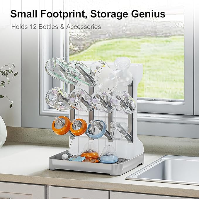 GoMaihe Baby Bottle Drying Rack: Space Saving Vertical Bottle Dryer Holder - Baby Accessories Storage Stand Organize Brushes Pacifiers on Countertop - BPA-Free - Gray