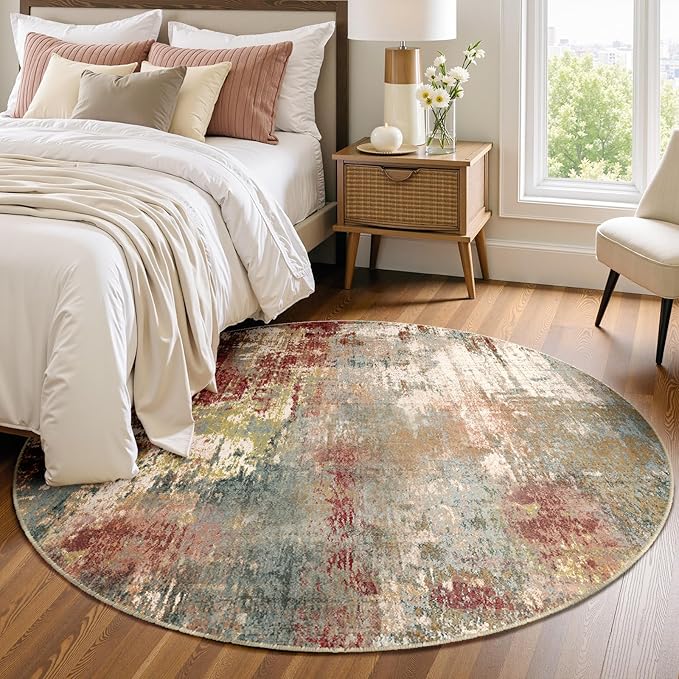Washable Area Rugs 4ft Non-Slip Modern Abstract Soft for Living Room Entryway Bedroom Nursery, Print Pattern, Brown Rust Red Multi
