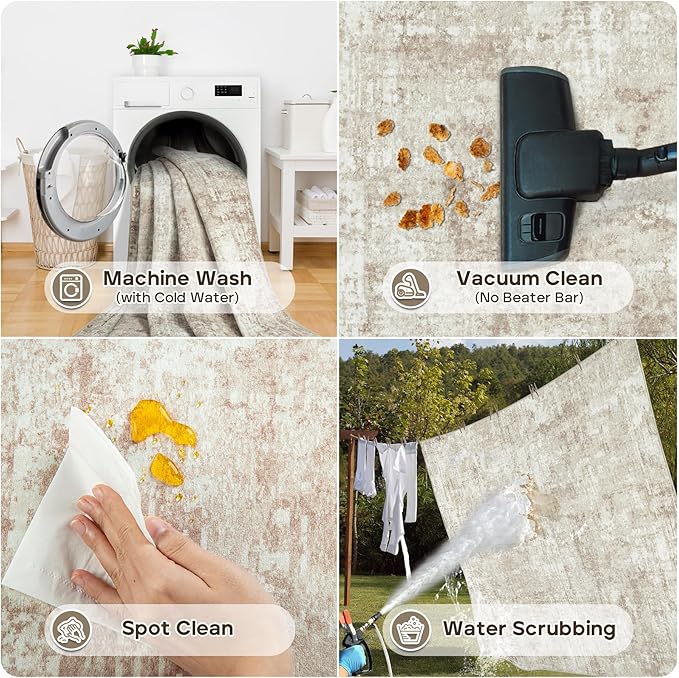 4x6 Area Rugs for Living Room Rug Washable: Modern Large Rug for Dining Room Bedroom Carpet Non Slip Low Pile 4 by 6 Indoor Abstract Nursery Home Office Beige