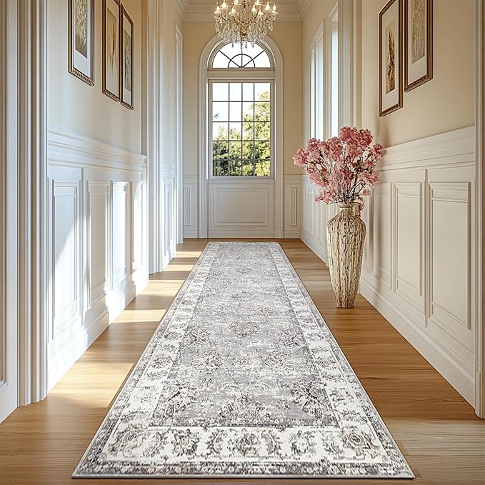 jinchan Hallway Runner Rug 2x10 Machine Washable Runner Rug Grey Vintage Floral Design Non-Slip Ultra-Thin for Kitchen Laundry Room Bedroom Farmhouse (2‘x10',Grey)