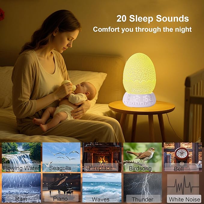 Dinosaur Egg Shape Touch Control Night Light with Pattern Inside, Digital Alarm Clock with Wake Up Light, 20 Soothing Sleep Training Sound and Bluetooth Speaker Box (2025 Style)