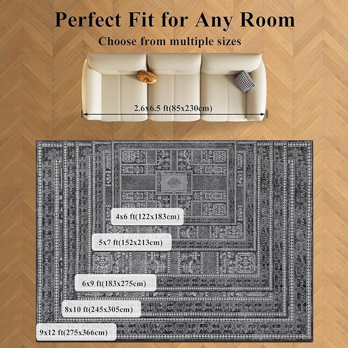 4x6 Washable Area Rug for Living Room, Carpet for Bedroom, Soft Faux Wool Retro Dining Room Rug, Non Slip&Non-Shedding Resistant Low Pile Vintage Print Rug for Home Office (Grey)