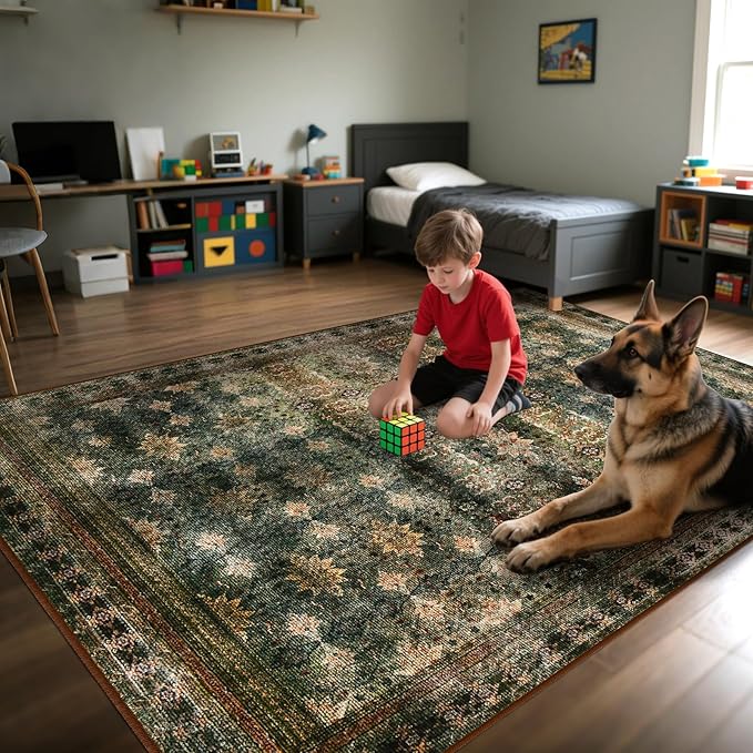 6x9 Washable Area Rug Non Slip, Thin Vintage Floral Living Room Rug Low Pile, Indoor Large Distressed Print Carpet for Bedroom, Dining Room, Farmhouse, Home Office, Dorm(Dark Green/Brown/Multi)