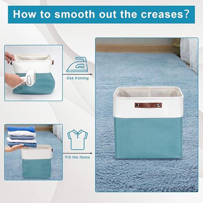 13x13 Cube Storage Bins, Collapsible Fabric Storage Box, 4 Pack Closet Baskets with Handles for Organizing, Shelf, Toys, Clothes, Home, Office, Nursery (Teal&White)