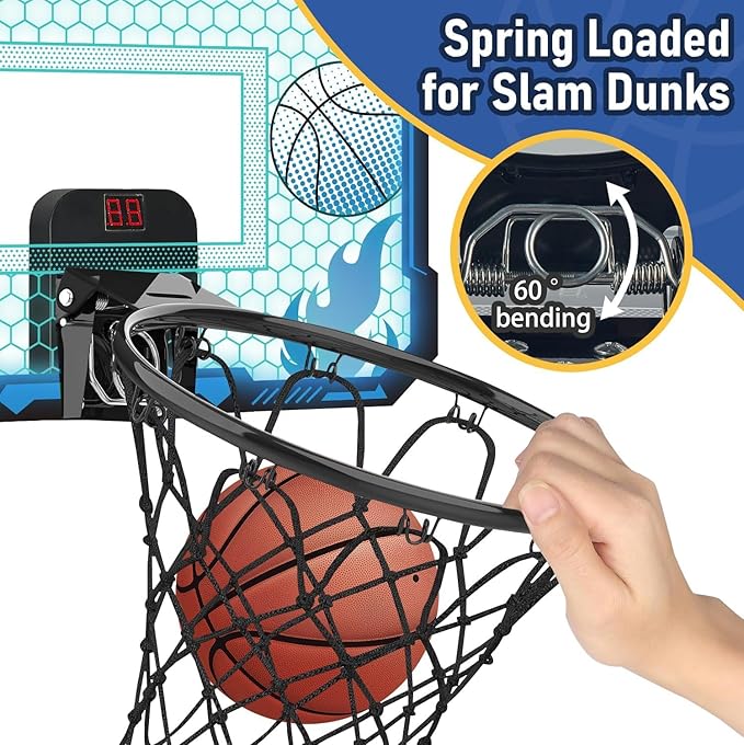 Indoor Basketball Hoop for Kids with Led Lights Mini Basketball Hoop with Remote Control Over The Door Basketball Hoops with Scoreboard Basketball Toys for 4-12 Year Old Boys Girls