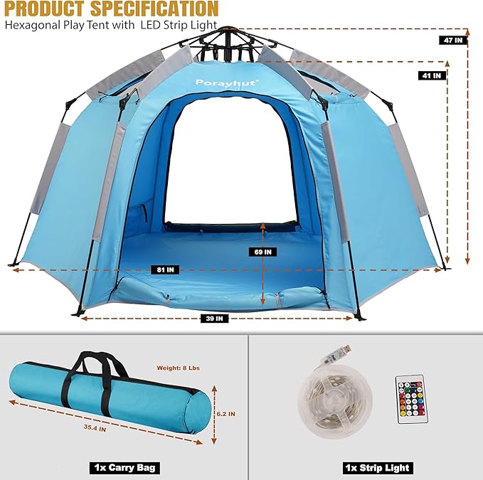 Portable Hexagon Kids Play Tent with LED Strip Lights Indoor Children Play House Easy Set-up Space Tent Dream Tent for Night.4-5 Person Birthday Gifts