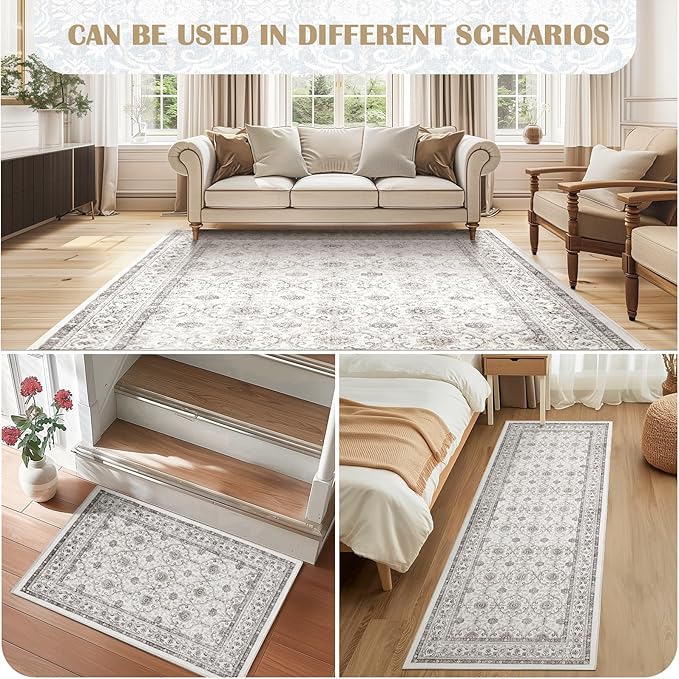 jinchan Hallway Runner Rug 3x8 - Machine Washable Beige Vintage Floral Distressed Design Soft Non-Slip Low-Pile Ultra-Thin Runner Rug for Kitchen Laundry Room Bedroom Farmhouse (3‘x8',Beige)