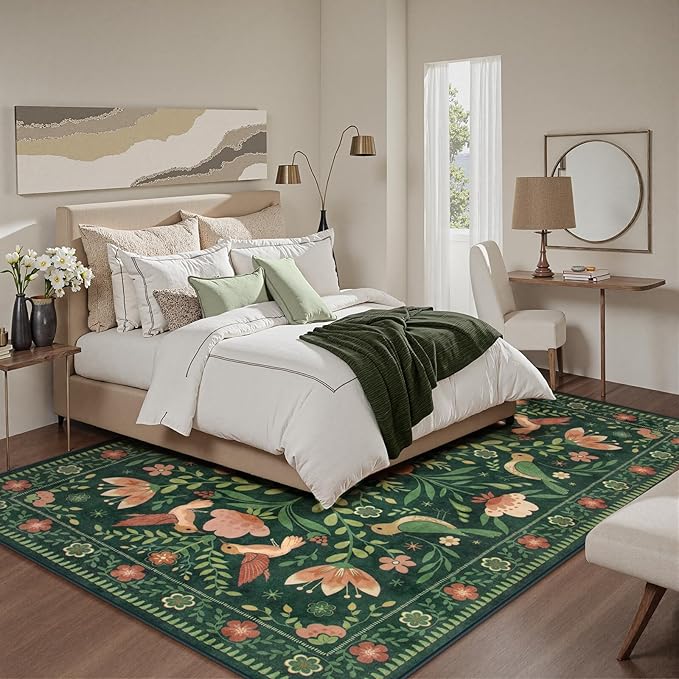 Moynesa Boho Bird 5x7 Area Rugs for Living Room, Washable Green Rug Jungle Floral Bedroom Rug, Low-Pile Soft Vintage Floor Carpet Non-Slip for Dining Room Playrom Living Room