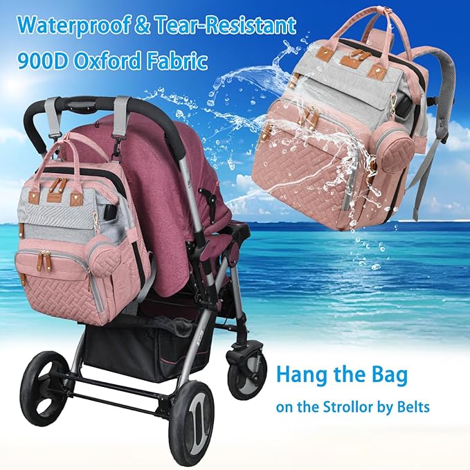 Jeryswet Baby Diaper Bags with Changing Station, Waterproof Large Capacity Diaper Bag Backpack for Moms Dads with USB Charging Port and Stroller Straps, Baby Shower Gifts, Pink-Grey