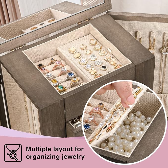 Jewelry Box for Women, 5 Layer Large Wood Jewelry Boxes & Organizers for Necklaces Earrings Rings Bracelets, Rustic Jewelry Organizer Box with Drawers and Mirror(Weathered Gray)