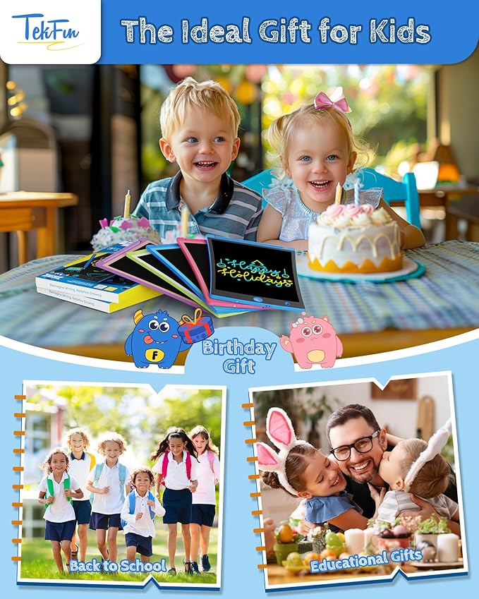 TEKFUN 2 Pack LCD Writing Tablet with Stylus, 8.5in Erasable Doodle Board Mess Free Drawing Pad for Kids, Car Trip Educational Toys Birthday Christmas Gift for 3 4 5 6 7 Girls Boys (2*Blue)