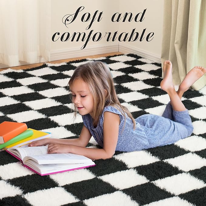 Super Soft Rug for Bedroom, 5x8 Ft Black and White Area Rug Classic Checkered Shaggy Anti-Skid High Pile Soft Fluffy Rug Fuzzy Carpet for Living Room Bedroom Kids Room Nursery, Dorm Home Decor