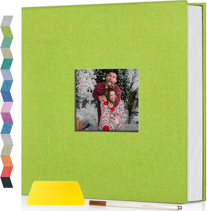 popotop Photo Album Self Adhesive with Picture Display Window,40 Pages DIY Scrapbooking Supplies Kit for 4x6 8x10 Picture,Linen Cover Memory Book for Baby Wedding, with Scraper and Metallic Pen