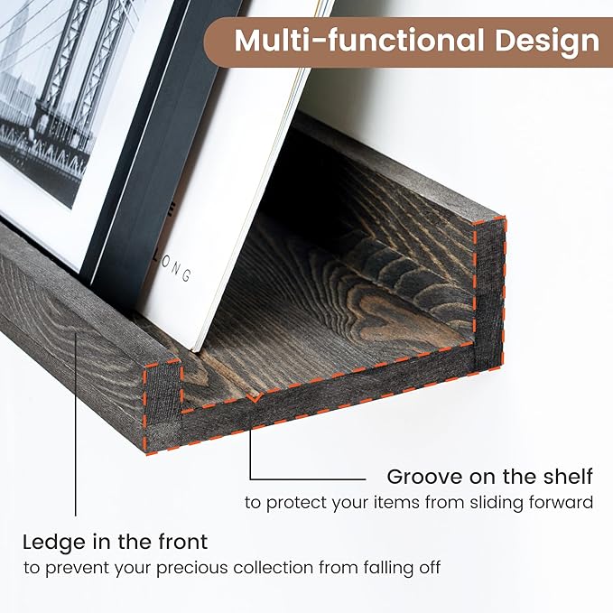 Picture Ledge Wall Shelves - 36 Inch Width Set of 3, Solid Pine Wood Rustic Floating Ledge Shelves for Kids' Room, Bedroom, Kitchen, Bathroom, Living Room, Nursery Display Wall Decor, Grey