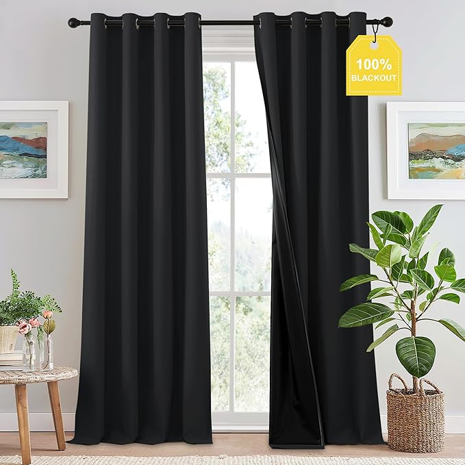 NICETOWN Full Blackout Curtains 96 inch Long for Home Theater, Grommet Energy Saving Room Darkening Window Treatment Thermal Curtains Portable Sun Shades for Living Room, W52 x L96, 2 Panels