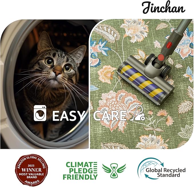 jinchan 3x10 Floral Runner Rug for Hallway Washable Kitchen Runner Vintage Romance Design Non Slip Thin Indoor Floor Cover Low-Profile Throw Carpet for Entryway Bathroom Bedroom Porch, Green