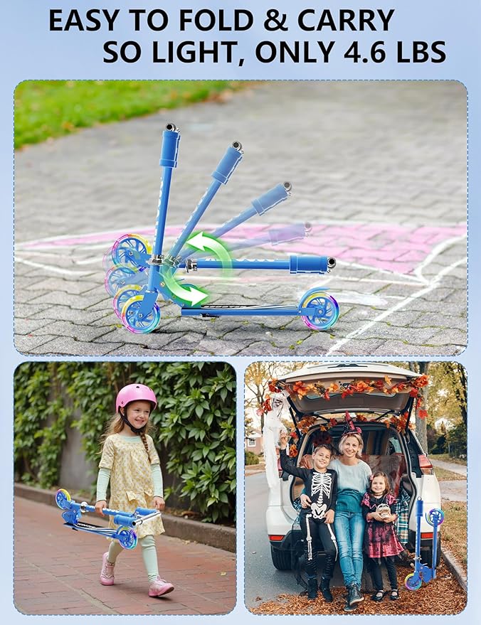 Scooter for Kids Ages 3+, 2 Wheels Kids Kick Scooter with Led Light Up & 3 Levels Adjustable, Lightweight Foldable for Boys&Girls