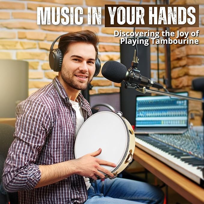 Flexzion Wooden Round Tambourine for Kids and Adults 10" Inch Single Row 8 Pair Jingles, Wood Handheld Percussion Instrument for Beginner and Professional Tambourine Player