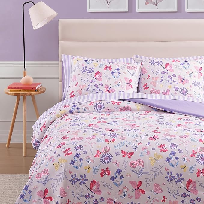 Queen Comforter Set with Sheets for Girls-7 Pieces Queen Bedding Sets with Pink Comforter, Sheets, Pillowcases & Shams for Kids (Cute Botanical Flowers, 90" X 90")