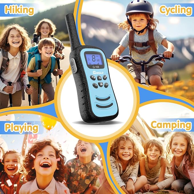 QNIGLO Walkie Talkies for Kids, Rechargeable Walkie Talkies, VOX，2 Way Radios with LED Flashlight, Perfect Outdoor Camping Toys with Lanyard for 3+ Years Old Boys Girls for Hiking Adventures（ 4 Pack）