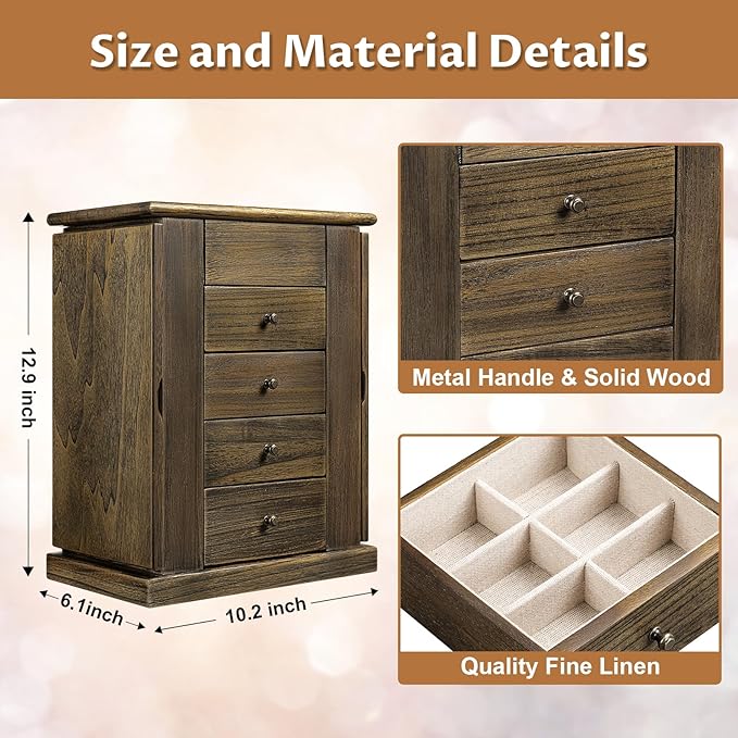 Jewelry Box for Women, 5 Layer Large Wood Jewelry Boxes & Organizers for Necklaces Earrings Rings Bracelets, Rustic Jewelry Organizer Box with Drawers and Mirror(Vintage)
