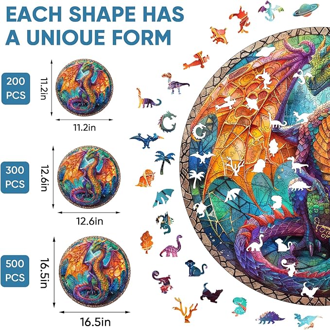 Wooden Puzzle for Adults - 3D Vision Effect Dragon Puzzle 500 Pcs Unique Shape Advanced Wooden Jigsaw Puzzle Challenge Jigsaw Puzzle Gift for Adults and Kids Family Game(16.5 x 16.5 in)