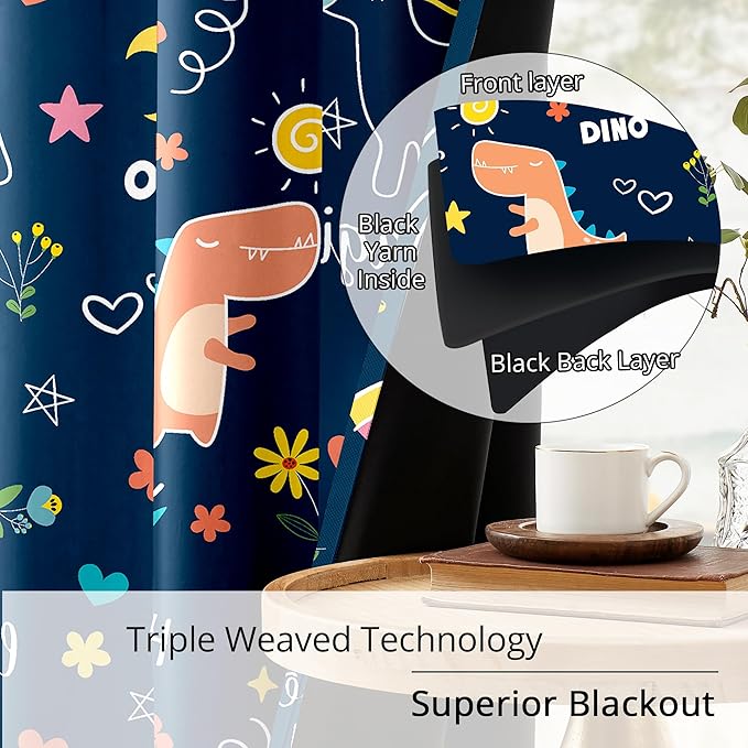 100% Blackout Curtains for Kids - Adorable Dinosaur & Unicorn Pattern, 2Panels, Each W52xL84, Thermal Insulated Noise-Reducing Drapes for Nursery, Bedroom, Playroom - Fun & Colorful Design