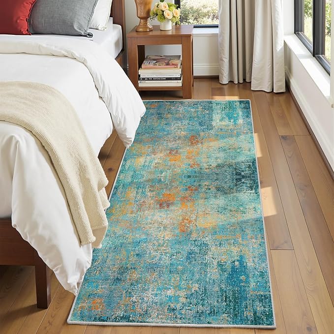 Washable Area Rugs 2'x10' Non-Slip Modern Abstract Soft for Living Room Entryway Bedroom Nursery, Print Pattern, Teal Blue Green Orange Rust Red Colorful