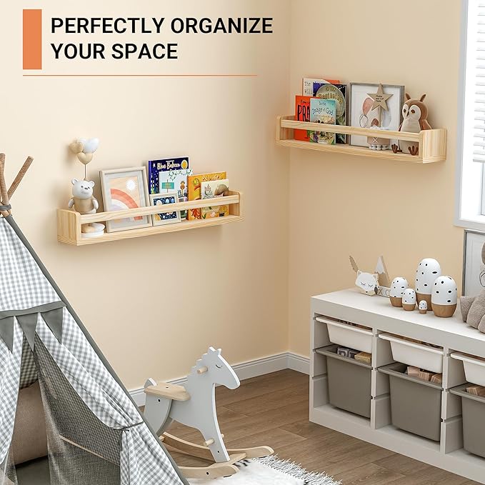 Heimlove Nursery Floating Shelves, Wood Nursery Book Shelves for Wall, 24 inch Wall Bookshelf for Kids Solid Wood for Books,Toys and Decor Storage, Set of 3