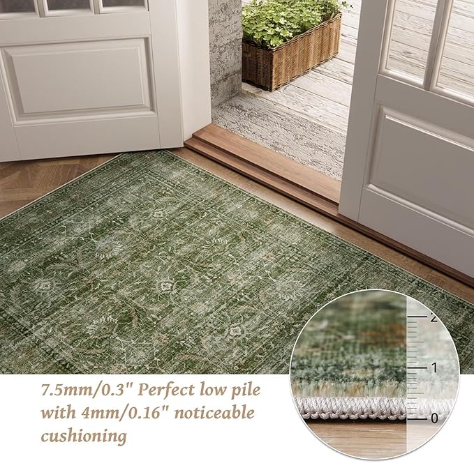 Washable 4x6 Rugs for Living Room, Boho Non-Slip Silicone Backing Small Rugs for Bedroom Nursery Office, 0.3" Neutral Oriental Throw Carpet with 0.16" Cushioning Pad, Grass Green/Multi