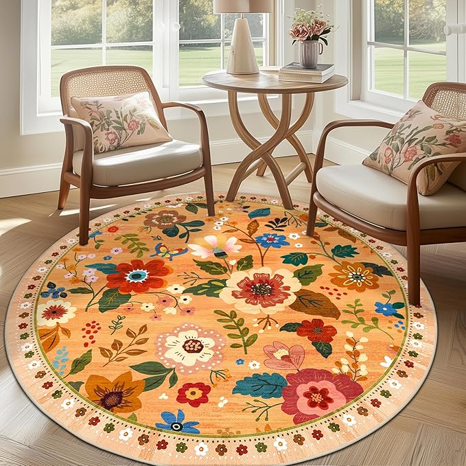 Floral 6ft Area Rug Machine Washable Soft Print Boho Carpet Non Slip Doormat Low Pile Flower Area Rugs for Living Room Bedroom Nursery Kitchen Dining Room Indoor-Yellow/Orange