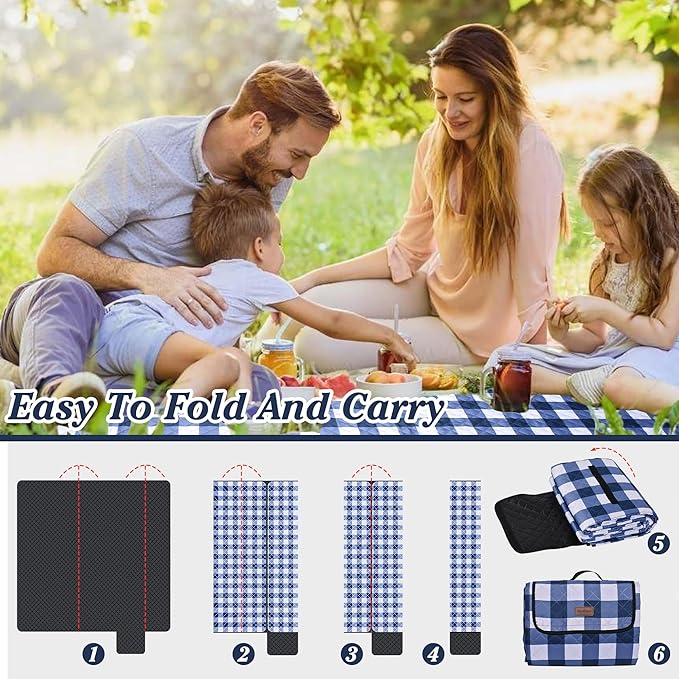 Extra Large Picnic Blanket 80''x 80'' Waterproof Foldable Picnic Mat for Beach, 5-Layer Outdoor Blanket for 6 to 8 Adults,Camping Grass Lawn Park Accessories Couple Park Wedding Registry(Navy Blue)