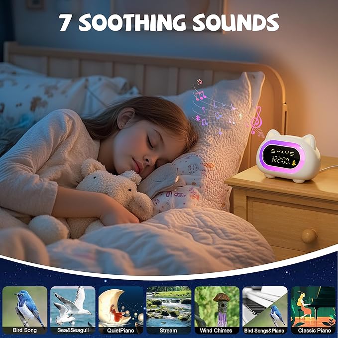 Honesorn Alarm Clock for Kids, Ok to Wake Clock for Kids, Cute Cat Kids Alarm Clock for Girls Boys Toddler, Kids Clock with 10 Night Lights, 7 Soothing Sounds, Auto-Off Timer, Child Lock, Cream White
