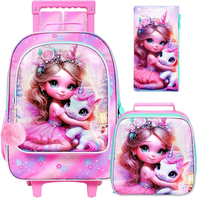 gxtvo Girls Rolling Backpack, Cute Unicorn Roller Wheels Kids Bookbag - Wheeled Elementary School Bag