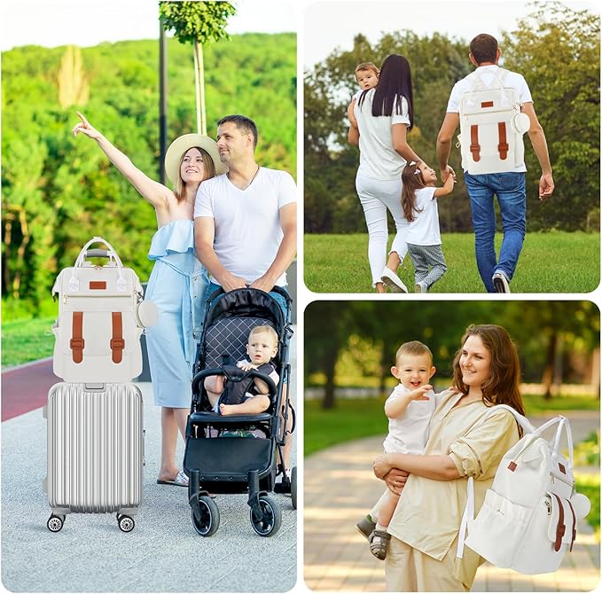 PIIOSER Diaper Bag Backpack with Ice Pack, Large Capacity & Waterproof Convertible Diaper Bag Tote for Moms Dads, Insulated Baby Tote Bag with Changing Pad, Stroller Straps & Pacifier Case, Cream