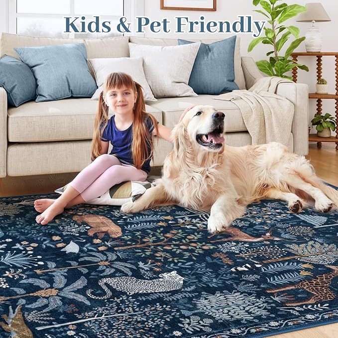 OJIA Jungle Print Rugs for Living Room 8x10 Washable Area Rugs for Bedroom, Modern Non-Slip Ultra-Thin Soft Large Carpet Non-Shedding Nursery Rug for Teens Kids Playroom Dining Room Home Decor