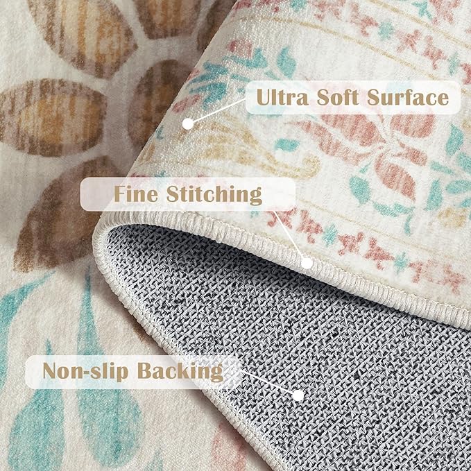 jinchan Vintage Floral Runner Rug 2x5 - Machine Washable Distressed Design Non-Slip Low-Pile Soft Thin Carpet for Hallway Kitchen Farmhouse Bedroom Entryway Laundry Room (2x5ft,Apricot Multi)