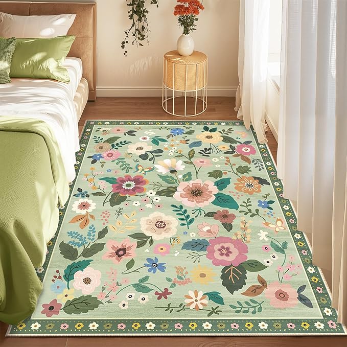 Floral 3x5 Area Rug Machine Washable Soft Print Boho Carpet Non Slip Doormat Low Pile Flower Area Rugs for Living Room Bedroom Nursery Kitchen Dining Room Indoor-Light Green