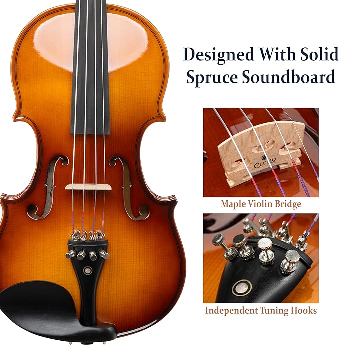 Cecilio 3/4 Violin Solidwood Violin with D'Addario Prelude Strings, Bow, Rosin, Tuner, Shoulder Rest & Lesson Book – Ideal for Beginners