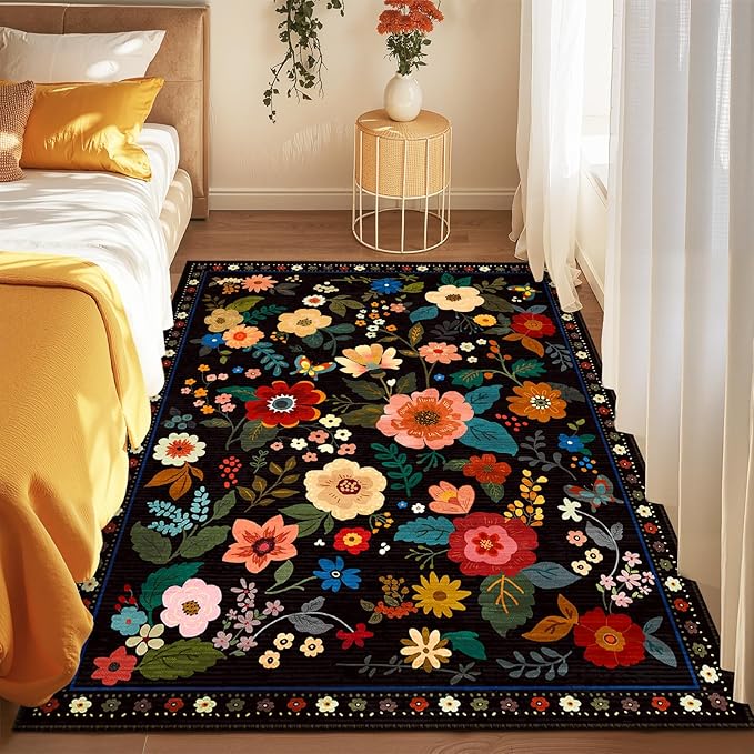 Floral 5x7 Area Rug Machine Washable Soft Print Boho Carpet Non Slip Doormat Low Pile Flower Area Rugs for Living Room Bedroom Nursery Kitchen Dining Room Indoor-Black