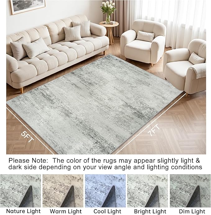 5x7 Area Rugs for Lliving Room Bedroom, Abstract Washable Rugs with Non-Slip Backing, Stain Resistant Thin Carpet for Dorm Dining Room Table Nursery Indoor Home Office-Gray
