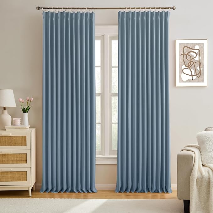 KEQIAOSUOCAI Pinch Pleated Blackout Curtain Drapes for Window 105" L - Triple Weave Energy Saving Thermal Room Divider Blackout Panels for Patio (72" Wide per Panel, 2 Panels, Dusty Blue)