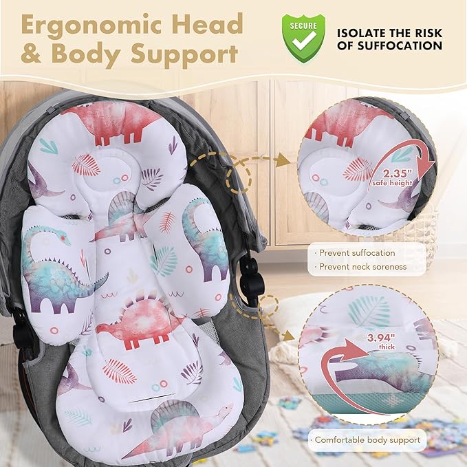 Infant Car Seat Insert, 2-in-1 Head & Body Carseat Support for Baby Newborn Toddler with Strap Covers, Reversible Ultra-Soft Cushion for Baby Carseat, Stroller, Swing & Bouncer
