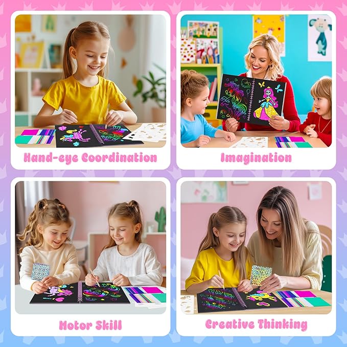 homicozy Art & Craft Activity for Kids: Foil Fun Unicorns and Princess & Scratch Art Book 2-in-1,No Mess Art Crafts for Girls,DIY Creative Activity Kit,Gifts for Girls Ages 4,5,6,7,8,9, Travel Toys