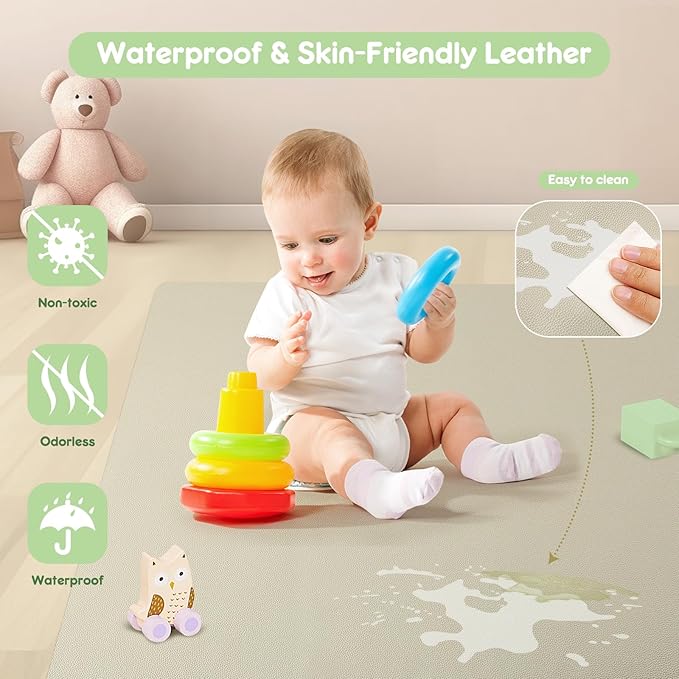 Padded Baby Play Mat, Super Soft Vegan Leather Baby Mat for Floor, 48x48 Thick Foam Cushioned Play Mat for Babies 6-12 Months, Fits Nicely Into 50x50 Playpen Mat, Grayish Green
