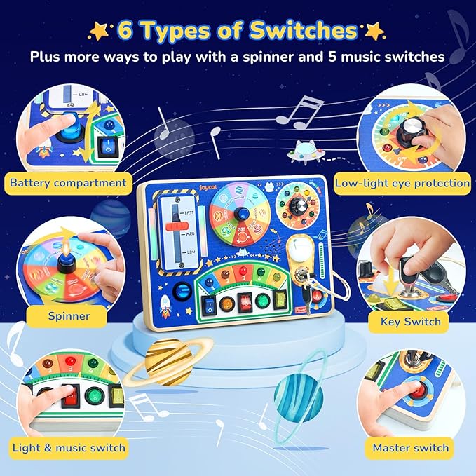 JoyCat Busy Board with Led Light, Toddler Toys for 1 2 3 4 Year Old Boys and Girls, Wooden Sensory Toys with Music, Travel Toy for Toddlers 1-3, Birthday Presents (Blue)