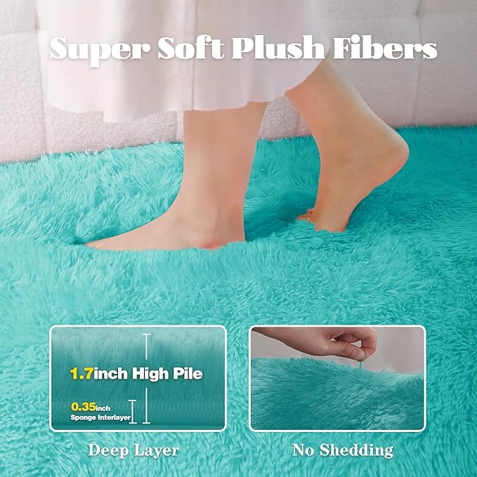 8x10 Area Rug for Living Room: Fluffy Shag Soft Washable Rugs Large Fuzzy Plush Indoor Carpet for Bedroom Nursery Playroom Kids Girls Boys Room (Teal Blue, 8'x10')