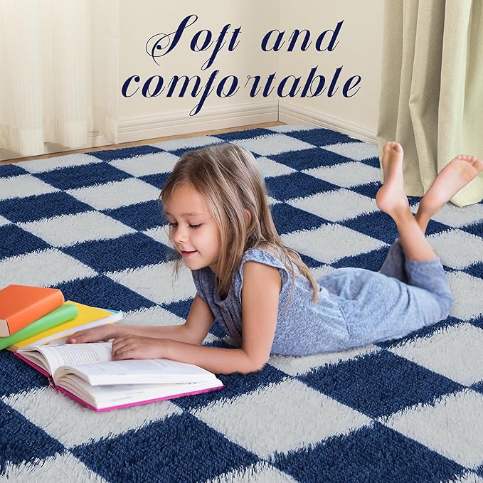 Super Soft Rug for Bedroom, 5x7 ft Blue and White Area Rug Classic Checkered Shaggy Anti-Skid High Pile Soft Fluffy Rug Fuzzy Carpet for Living Room Bedroom Kids Room Nursery, Dorm