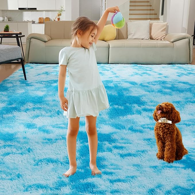 Ultra Soft Rug for Living Room, 5X8 Fluffy Shag Area Rug for Bedroom, Modern Shaggy Carpets Fuzzy Rug for Teens Dorm Nursery Home Decor Aesthetic, Upgrade Anti-Skid Durable, Tie-Dyed Blue