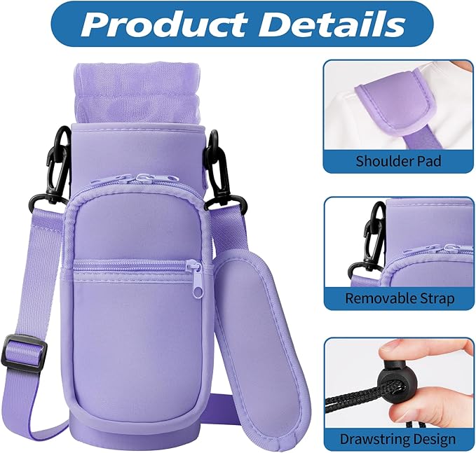 32 40 oz Water Bottle Carrier with Strap, Neoprene Water Bottle Sleeve Bag with 2 Pockets Insulated Flask Sling Holder for Walking Hiking Gym